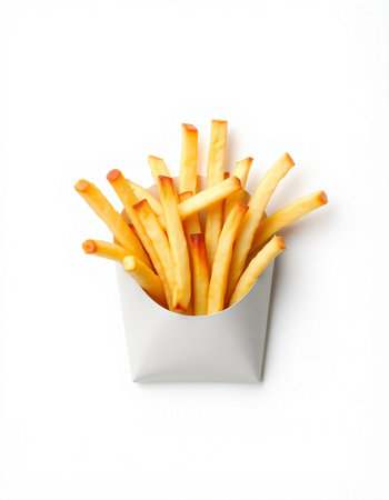 French fries in paper box isolated on white background, top view.