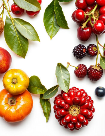 Fruits and berries isolated on a white background. Top view.