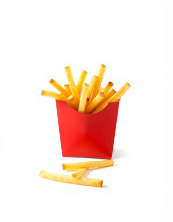 French fries in a red box on a white background. Isolated