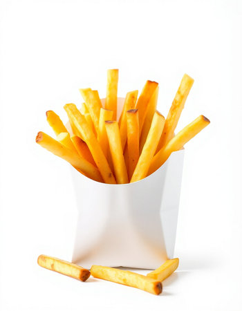 French fries in a white box on a white background. Isolated