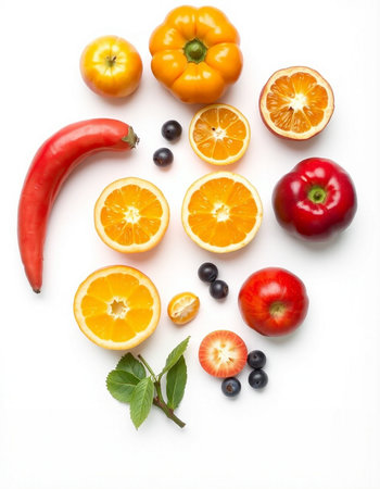 Fresh fruits and vegetables isolated on white background. Healthy food concept.の写真素材