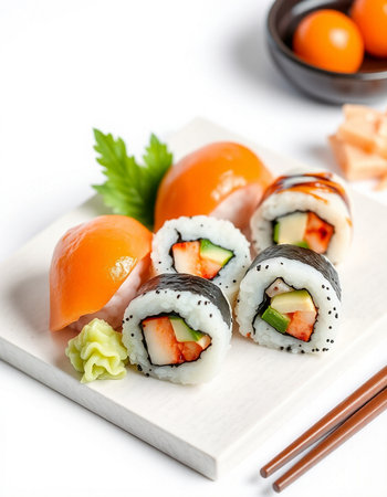 Sushi rolls with salmon, avocado and cucumber on white backgroundの写真素材
