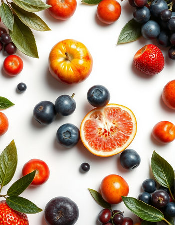 Fruits and berries on white background. Flat lay, top viewの写真素材