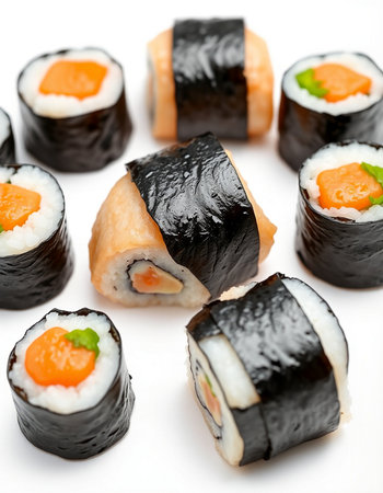 Japanese Cuisine - Sushi Roll with Salmon, Cream Cheese and Raw Salmon inside. Nori outsideの写真素材