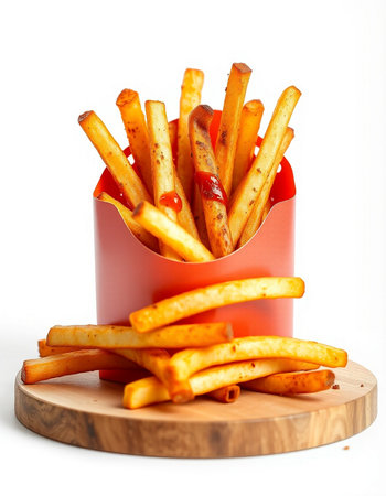 French fries with ketchup in a box on a white background.
