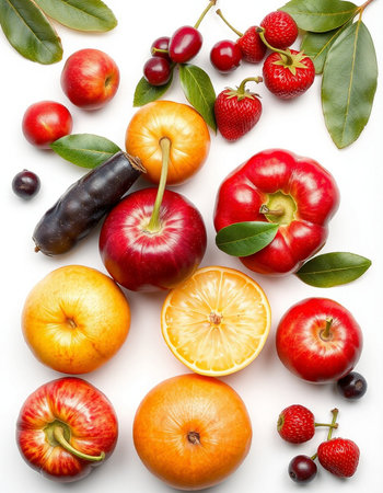 Fruits and vegetables isolated on a white background. Top view.の写真素材