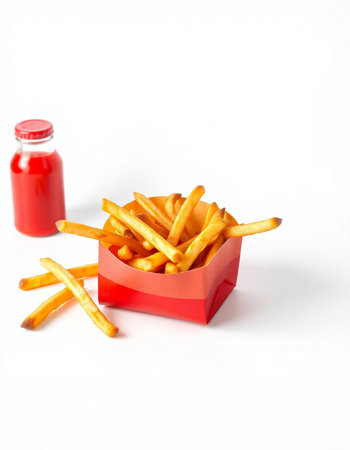 French fries in a red box and a bottle of ketchup on a white backgroundの写真素材