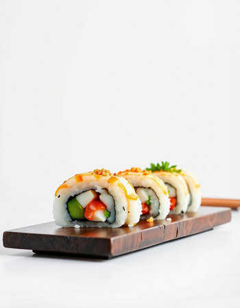 Sushi roll japanese food style on wooden board isolated on white backgroundの写真素材