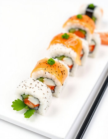 Japanese Cuisine - Sushi Roll with Salmon, Cream Cheese and Raw Salmon inside. Nori outsideの写真素材