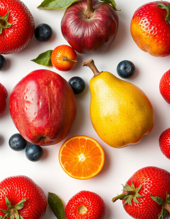 Fruits and berries on a white background. Flat lay, top view