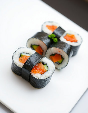 Sushi rolls on a white plate, japanese food styleの写真素材