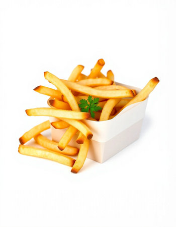 French fries in a bowl on a white background. Selective focus.