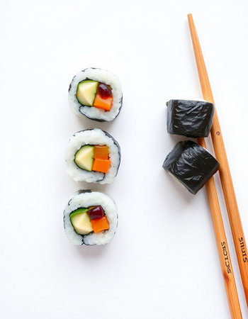 Sushi rolls with chopsticks on white background. Top view.の写真素材