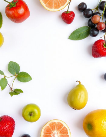 Fruits and berries on white background. Flat lay, top viewの写真素材