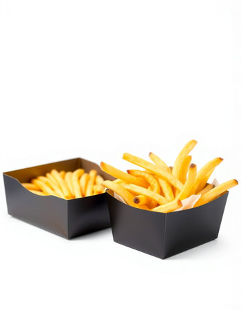 French fries in a black box isolated on white background with clipping path