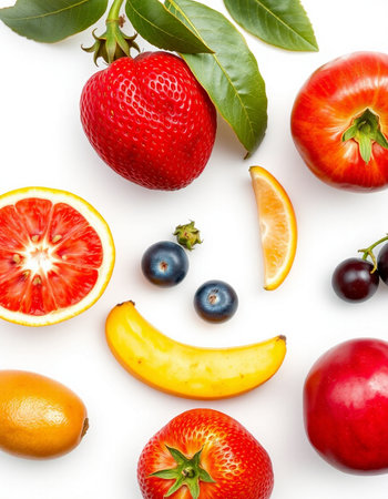 Fruit face on a white background. Concept of healthy eating.の写真素材