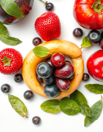 Fresh fruits and berries in a basket on a white background, top viewの写真素材