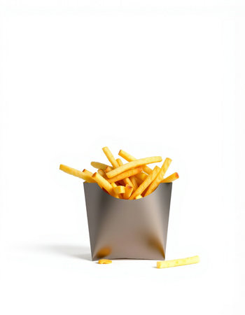 Golden French fries in a silver box isolated on a white background.