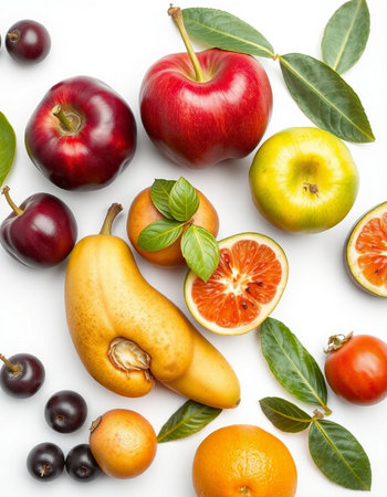 Fruits and vegetables on white background. Top view. Flat lay