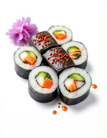 Sushi rolls isolated on white background. Japanese food restaurant menu.の写真素材