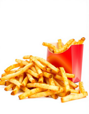 French fries in a red box on a white background. Isolated