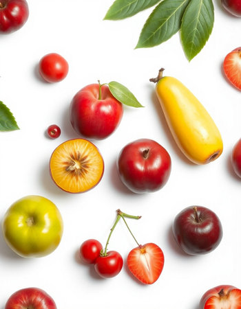 Composition with fresh fruits on white background, top view. Flat layの写真素材