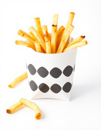French fries in a paper cup on a white background. Isolated