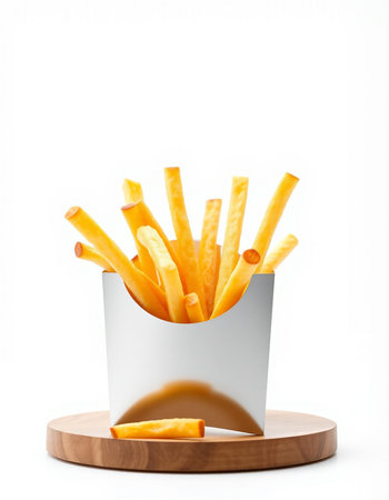 French fries in a paper box on a white background. Isolated