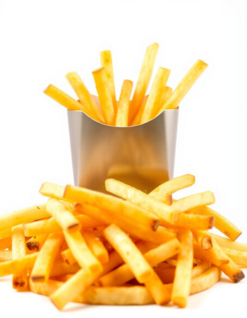 Golden French fries isolated on white background. Selective focus. Shallow DOF.