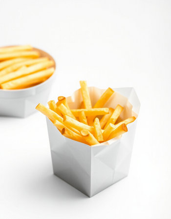 French fries in a paper box on a white background. Selective focus.