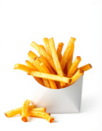 French fries in a white box on a white background. Isolated