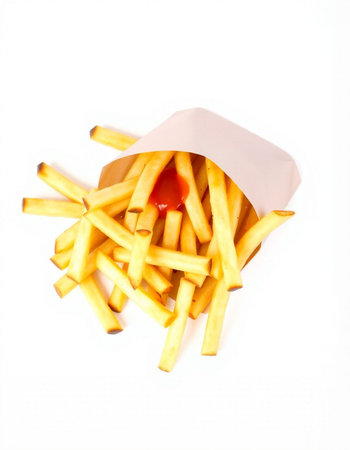 French fries in paper bag isolated on white background. Fast food.