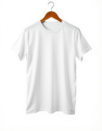 White t-shirt on wooden hanger isolated on white background.