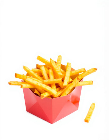 French fries in a red box on a white background. Fast food.の写真素材