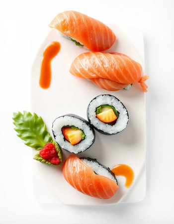 Sushi rolls with salmon, cream cheese, and vegetablesの写真素材