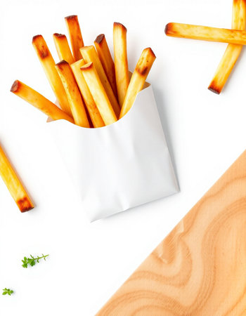 French fries in a paper bag on a white background. Top view.の写真素材