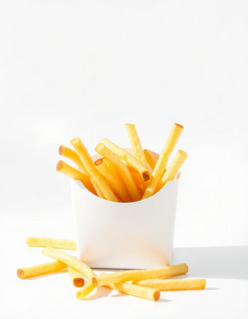 French fries in a paper cup on a white background. Selective focus.