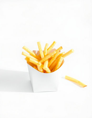 French fries in paper box on white background. Fast food concept.