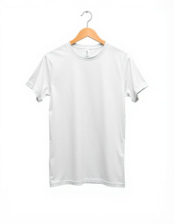 White t-shirt on a hanger on a white background.