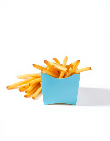 French fries in a blue box on a white background. Isolatedの写真素材