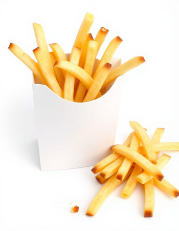 French fries in a white box on a white background. Isolated