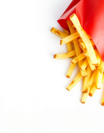French fries in red paper bag isolated on white background. Top view.の写真素材