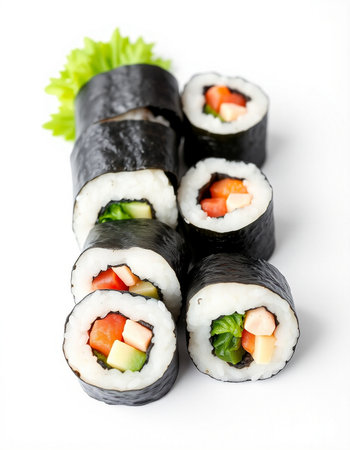 Sushi rolls with salmon, avocado, cucumber and nori on white backgroundの写真素材