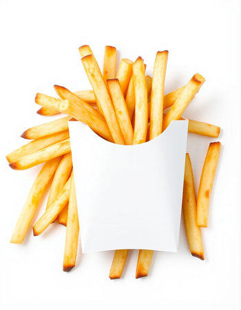 French fries with blank paper isolated on white background. Top view.