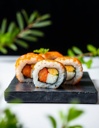 Sushi roll with salmon, avocado, cream cheese and cucumber on a black backgroundの写真素材