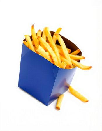 French fries in a blue box on a white background. Isolatedの写真素材