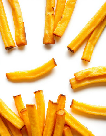 French fries on white background, top view. Food background. French fries