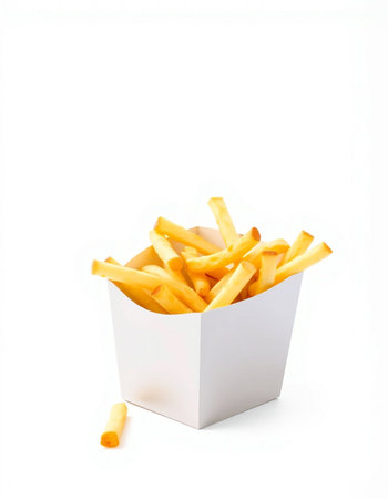 French fries in a paper box on a white background. Isolated