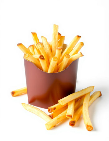 French fries in a paper box on a white background. Isolated