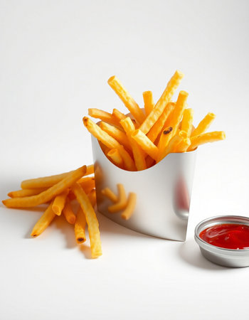 French fries with ketchup on a white background. Selective focus.